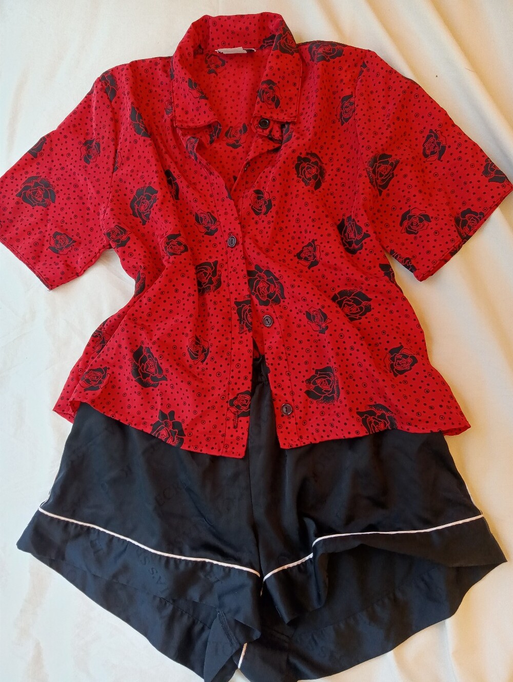 vintage 80s red rose polka dot button up blouse retro usa made